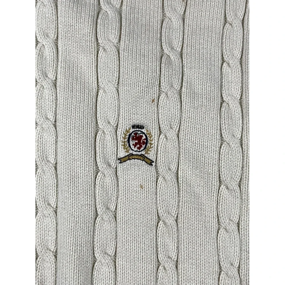 Y2K Vintage Tommy Hilfiger XL White Cable Knit Cotton‎ Ribbed Hem Winter Wear